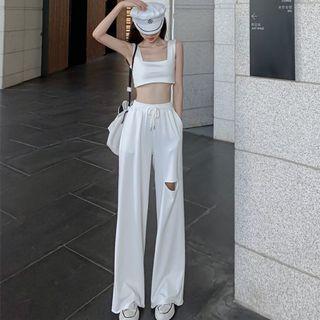 Square-neck Crop Tank Top / Distressed Wide Leg Pants