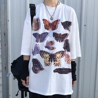 3/4-sleeve Butterfly Print T-shirt