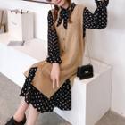 Set: Ribbed Knit Buttoned Vest + Long-sleeve Dotted Midi A-line Dress