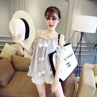 Off-shoulder Short-sleeve Bow-accent Top