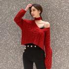 Cold Shoulder Cable-knit Sweater Red - One Size