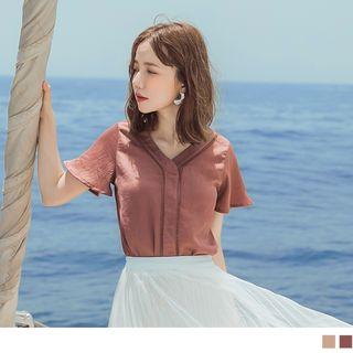 Crochet Panel Ruffle Sleeve V-neck Top