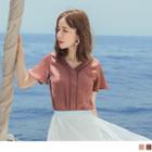 Crochet Panel Ruffle Sleeve V-neck Top