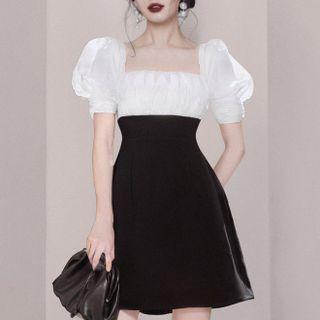 Puff-sleeve Square Neck Two-tone Mini A-line Dress