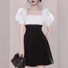 Puff-sleeve Square Neck Two-tone Mini A-line Dress