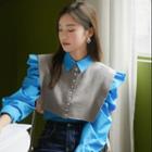 Plain Single-breasted Long-sleeve Shirt / Plain Crewneck Knit Cape