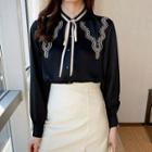Long-sleeve Mock-neck Embroidered Bow Chiffon Blouse