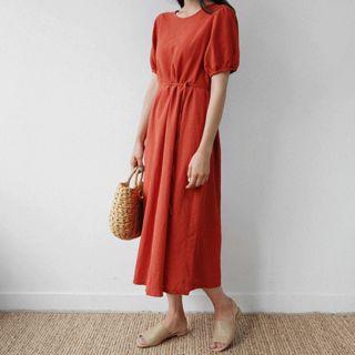 Lace Up-back Puff-sleeve A-line Dress