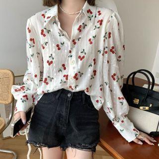 Long-sleeve Chiffon Cherry Embroidered Shirt Cherry Shirt - One Size