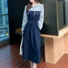 Long-sleeve Hooded Panel Denim Midi A-line Dress