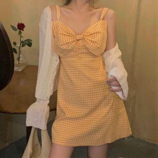 Plain Cardigan / Spaghetti Strap Bow Gingham Mini Dress