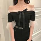 Elbow-sleeve Lace Paneled Off Shoulder Top Black - One Size