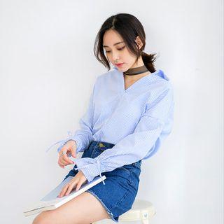 Collared Tie-cuff Striped Top
