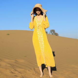 Long-sleeve V-neck Embroidered Midi A-line Dress