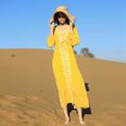 Long-sleeve V-neck Embroidered Midi A-line Dress