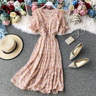 V-neck Chiffon Floral Maxi Dress