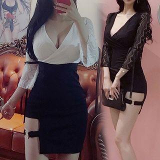 Long-sleeve V-neck Lace Panel Mini Sheath Dress