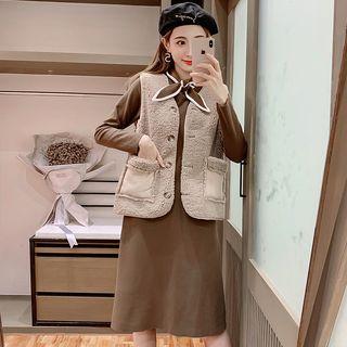 Sleeveless Shearling Coat + Long-sleeve Tie-neck Dress