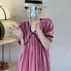 Short-sleeve Contrast Piping V-neck Midi Dress