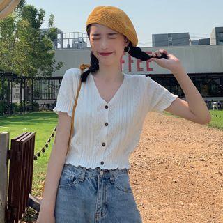Short-sleeve Plain Open Knit Cardigan
