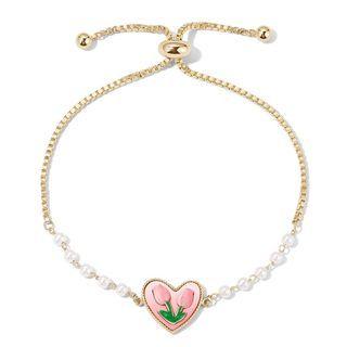 Flower Pendant Faux Pearl Bracelet White & Green - One Size