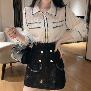 Tweed Trim Fringed Shirt / Tweed A-line Skirt