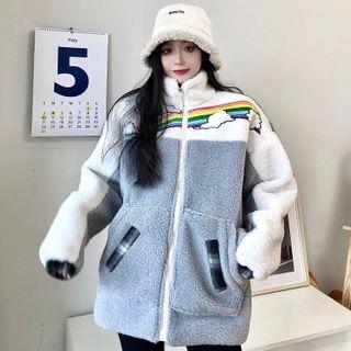 High-neck Rainbow Printed Panel Faux Fleece Jacket
