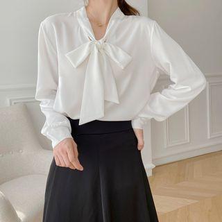 Tie Neck Long-sleeve Plain Blouse