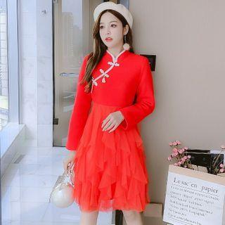 Long-sleeve Mesh Panel Qipao Dress
