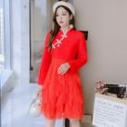 Long-sleeve Mesh Panel Qipao Dress
