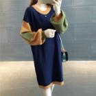 Puff-sleeve Color Block Knit Dress