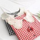 Long-sleeve Contrast Collar Gingham Blouse