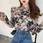 Floral Turtle-neck Long-sleeve Slim-fit Top