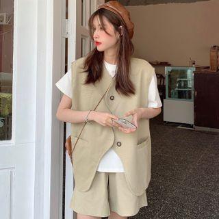 Short-sleeve Plain T-shirt / Single-breasted Plain Vest / Wide Leg Shorts