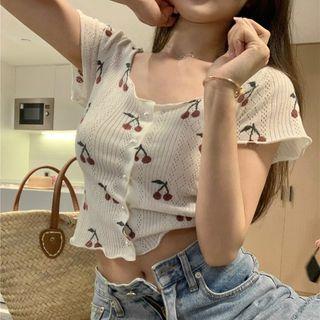 Short-sleeve Cherry Print Button-up Knit Crop Top White - One Size