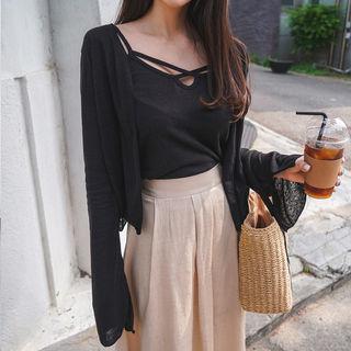 Set: Open-front Cardigan + Cutaway-trim Camisole Top
