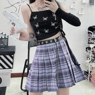Butterfly Print Camisole Top / Plaid Pleated Mini A-line Skirt