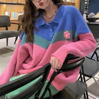 Panel Knit Polo Shirt Blue & Green & Pink - One Size