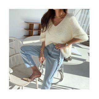 V-neck 3/4-sleeve Fluffy Sweater
