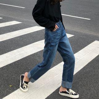 Roll-up Two-tone Straight Cut Jeans