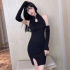 Set: Sleeveless Knit Mini Dress + Arm Sleeves Set - Sleeveless Dress & Arm Sleeves - Black - One Size