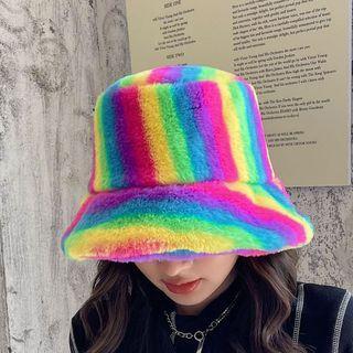 Rainbow Faux Shearling Bucket Hat Purple & Green & Yellow - One Size