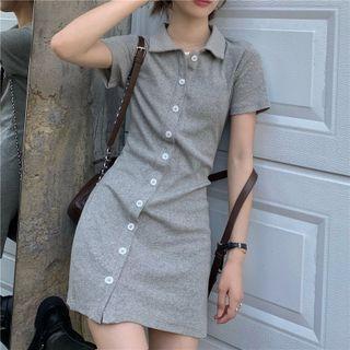 Short-sleeve Button-up Mini Collared Dress Gray - One Size