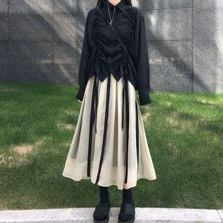 Drawstring Shirt / Striped Midi A-line Skirt / Set