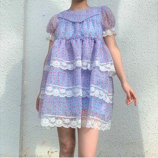 Puff-sleeve Lace Trim Floral Layered Mini A-line Dress