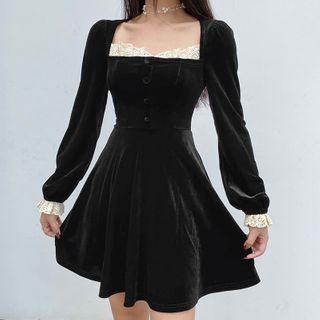 Puff-sleeve Lace Trim Velvet A-line Dress