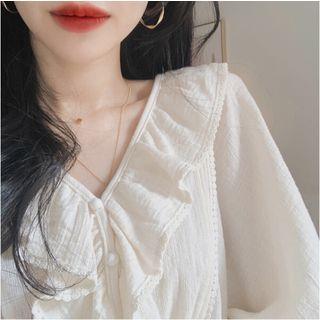 Bell-sleeve Ruffle Trim Blouse Beige - One Size