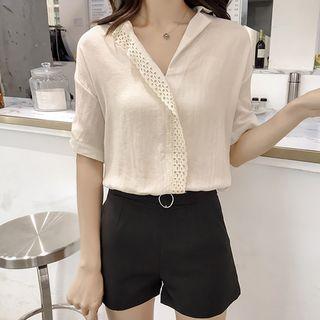 Elbow-sleeve Perforated Trim Shirt