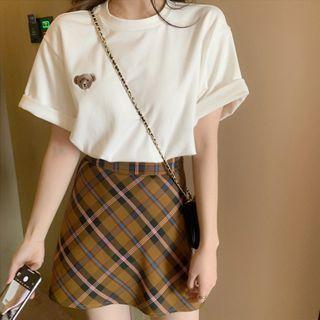 Set: Bear Embroidered T-shirt + Plaid Mini A-line Skirt