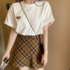 Set: Bear Embroidered T-shirt + Plaid Mini A-line Skirt